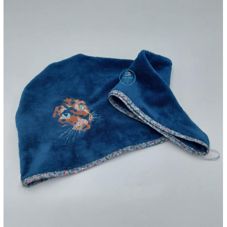 serviette-turban-seche-cheveux-tete-chat-marron-brode@isartatelier